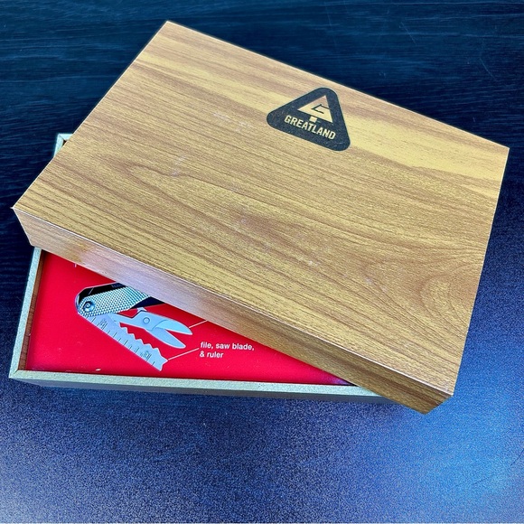 NWT Multi Tool Stainless Steel Pliers Knife Set New in Faux Wood Box Greatland - Picture 4 of 9